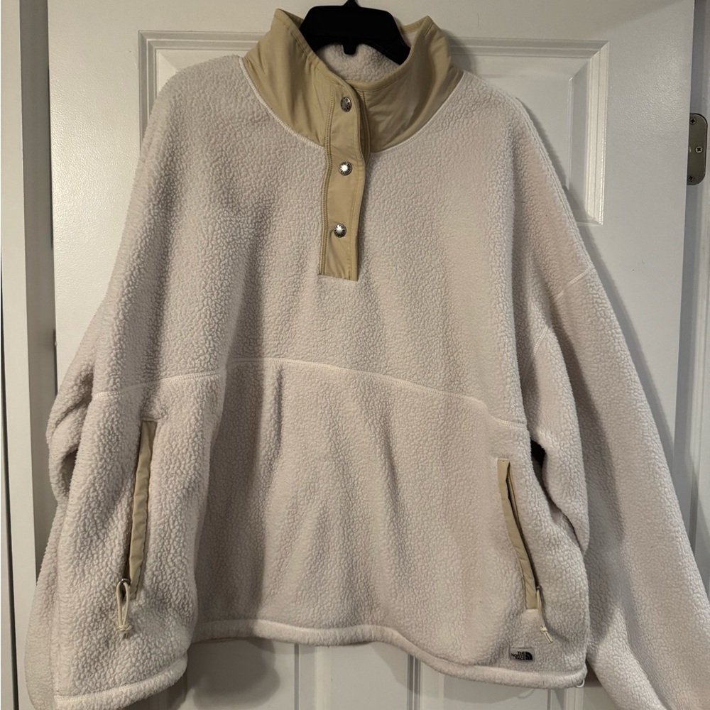The North Face Cream Sherpa Jacket with Tan Trim